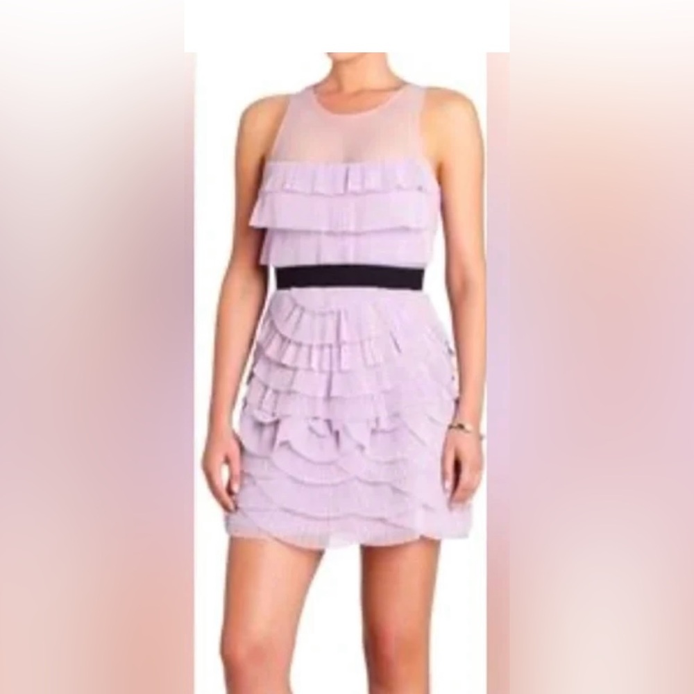 BCBGMAXAZRIA Karyna Layered Ruffle Scalloped Sleeveless Mesh Party Dress Purple